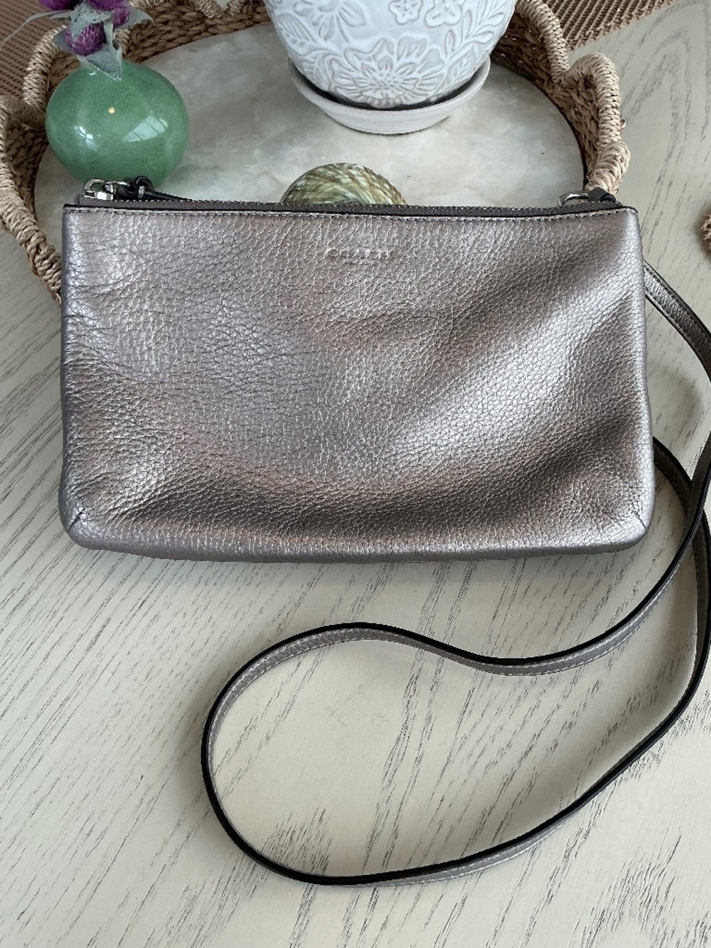 Metallic Leather Crossbody Clutch - Silver